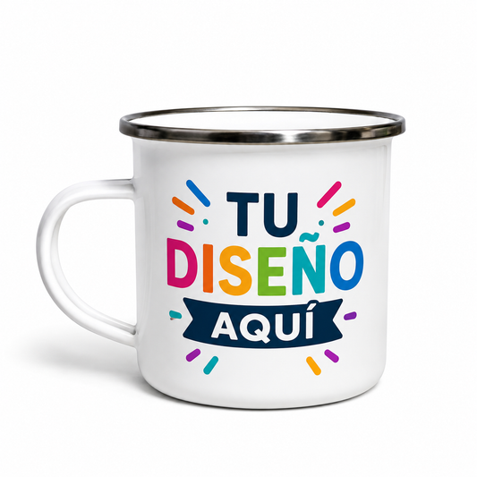Taza Enlozada Blanca 12 oz con Borde Plateado PERSONALIZABLE
