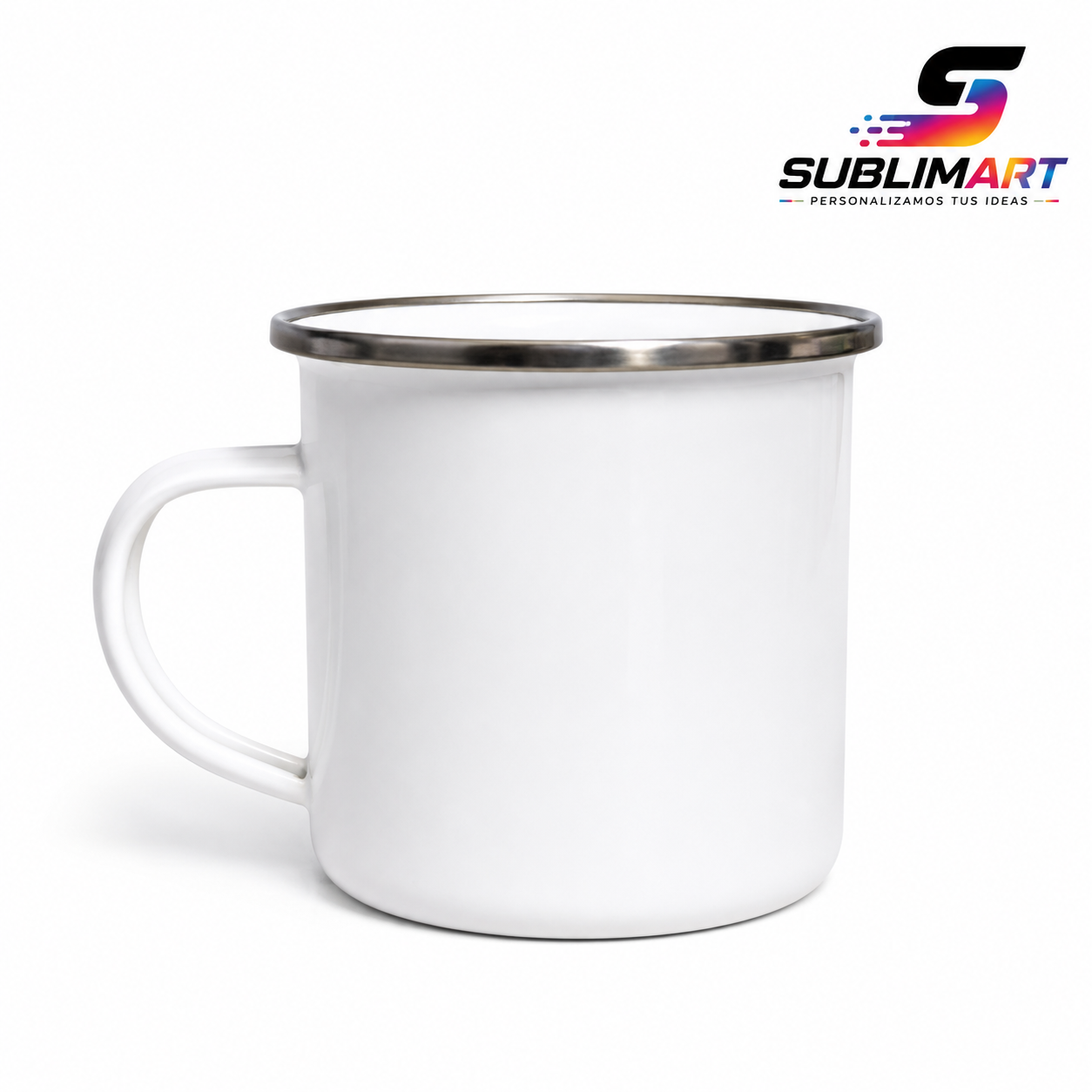 Taza Enlozada Blanca 12 oz con Borde Plateado PERSONALIZABLE