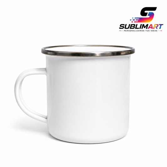 Taza Enlozada Blanca 12 oz con Borde Plateado PERSONALIZABLE