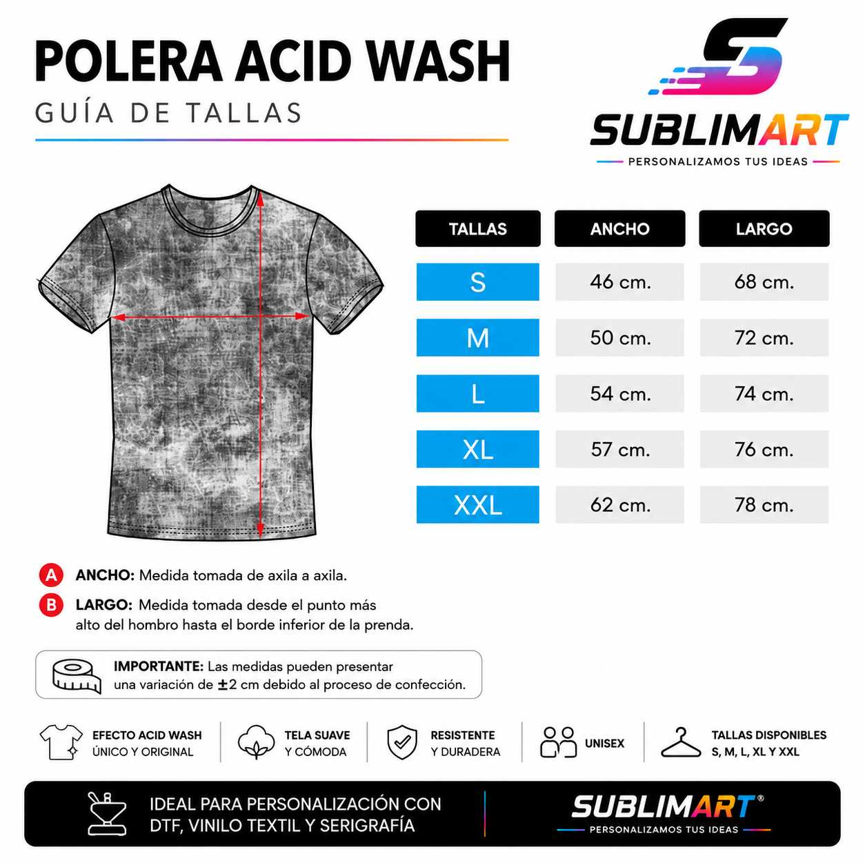 Polera Acid Wash 100% Algodón Soft 180 Grs PERSONALIZABLE